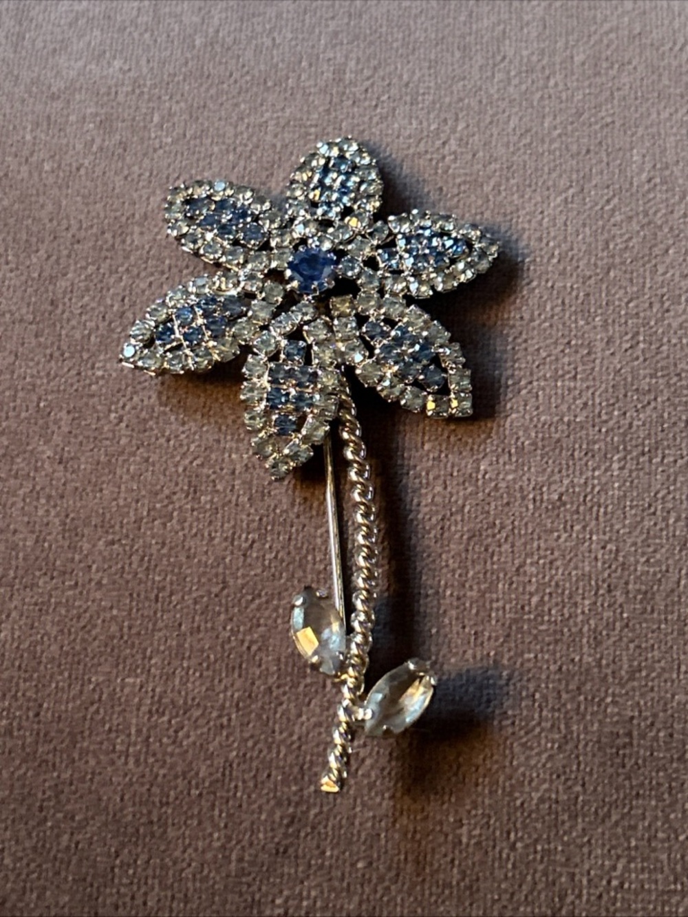 Vintage Silver-Tone Rhinestone Flower Brooch Sapphire and Diamond